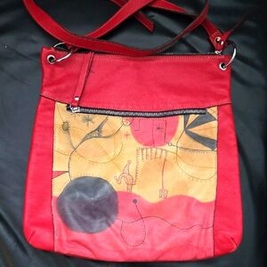 Inaki Sampedro 100% Leather Red and Tan Creative Art Crossbody Bag Zipoer